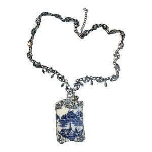 Handcrafted Churchill Broken China Blue Willow Pendant & VNTG Marcasite Necklace